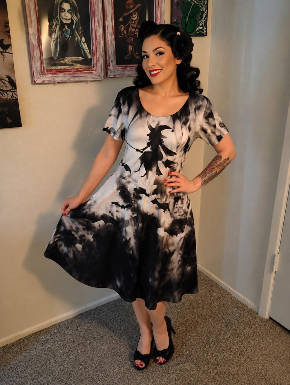 Retrolicious Black and White Witch Silhouette Midi Dress